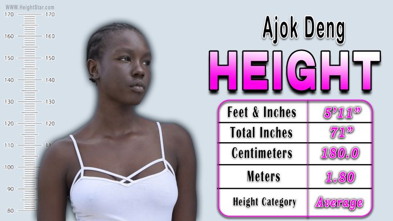 Ajok Deng standing beside a height chart with stats showing her height as 5 feet 11 inches (180 cm) and labeled as average height.
