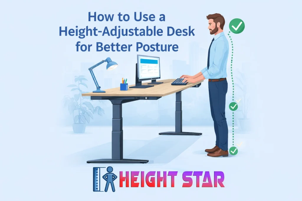 Man using a height-adjustable desk with correct posture alignment.