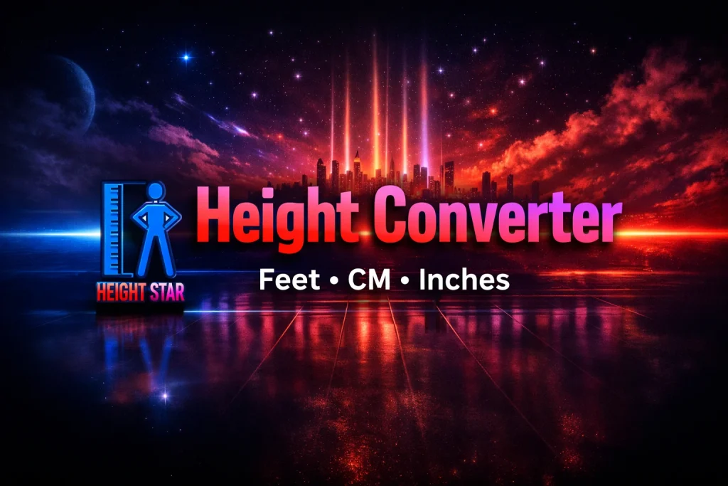 Height Converter banner with futuristic background and Height Star logo showing a person beside a height scale