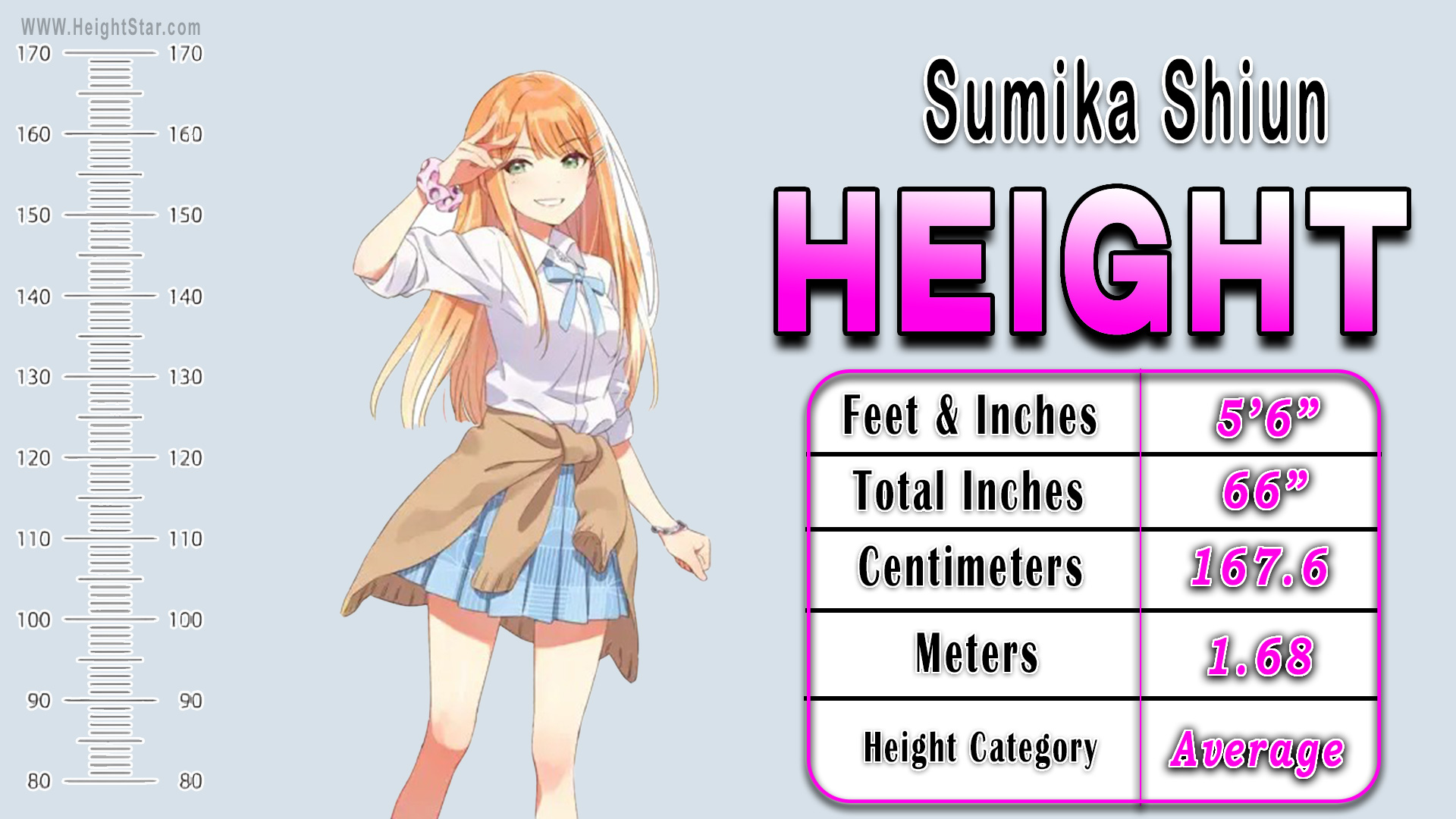 Sumika Shiun height comparison chart showing 5’6”, 167.6 cm and 1.68 meters