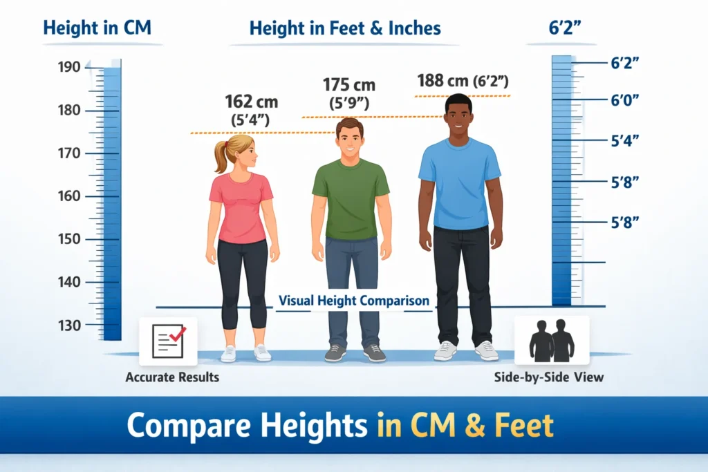 Height comparison visual chart showing people heights in cm and feet side by side on Heightstar.com