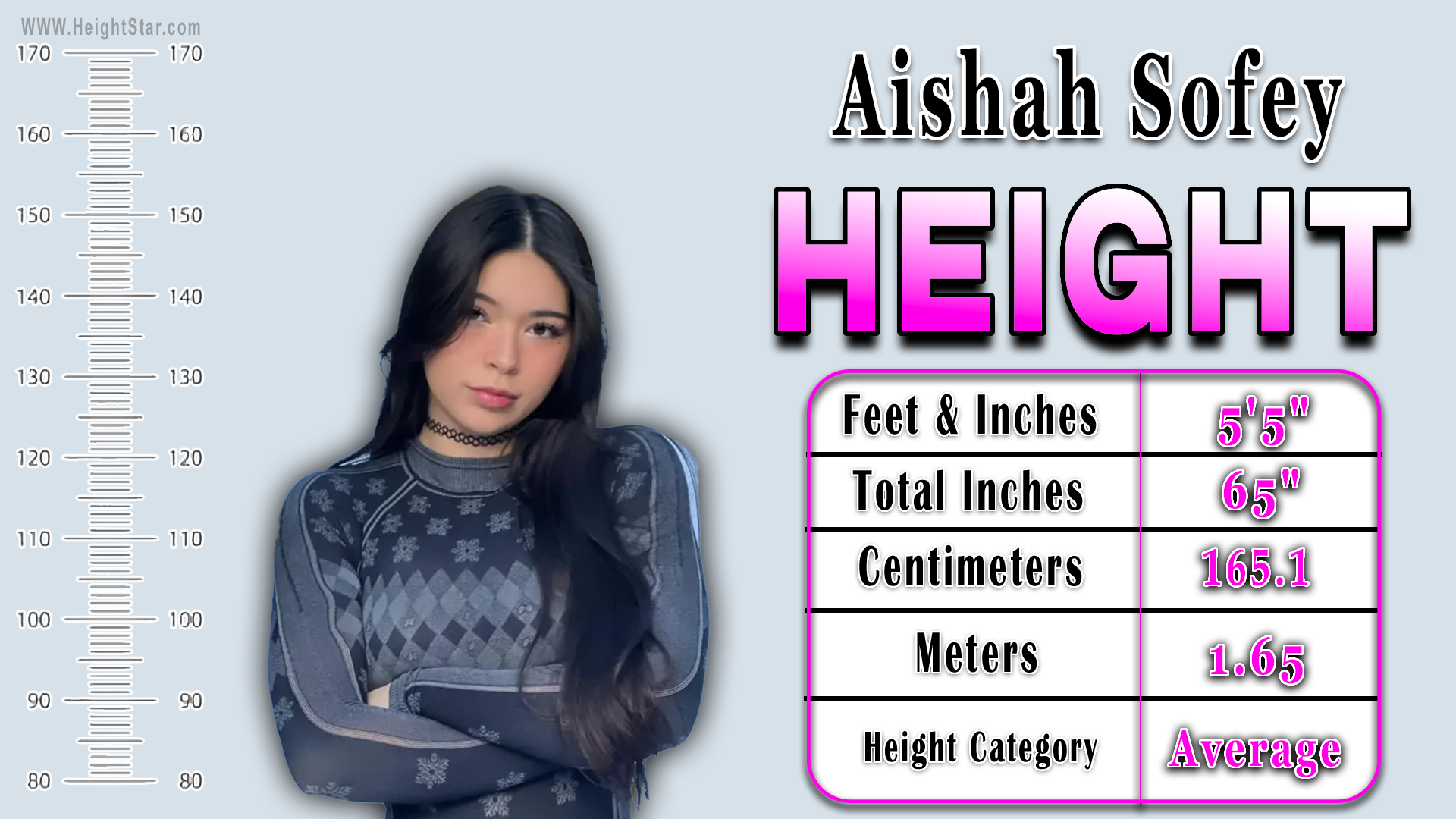 Aishah Sofey height chart featuring her height details: 5'5" (65 inches), 165.1 cm, and 1.65 meter