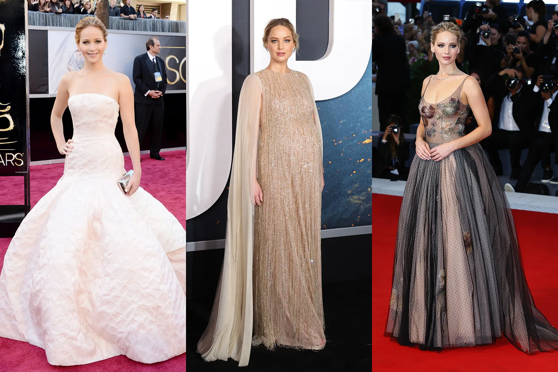 Jennifer Lawrence height in different red carpet outfits