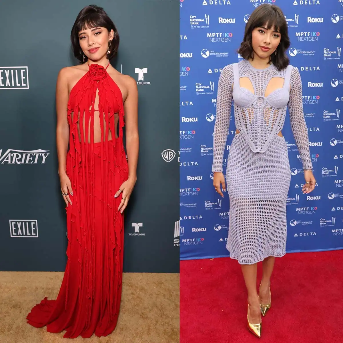 Xochitl Gomez height look in red ruffle outfit and periwinkle fishnet dress