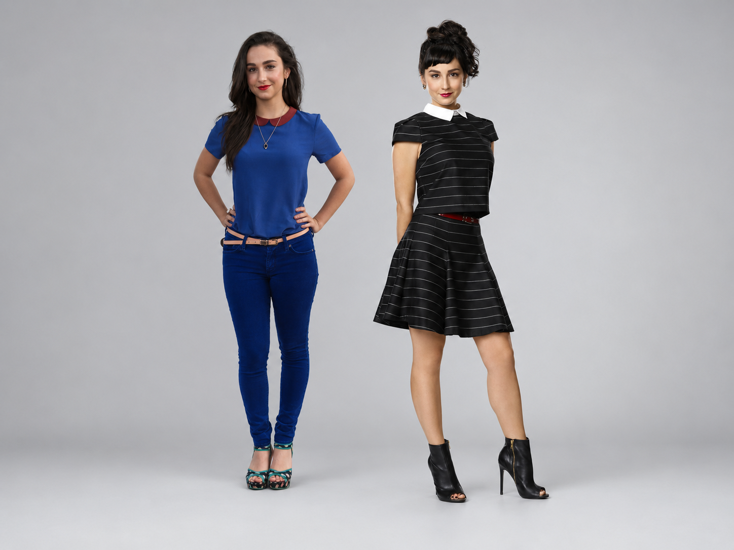 Molly Ephraim height comparison in pant shirt and mini dress
