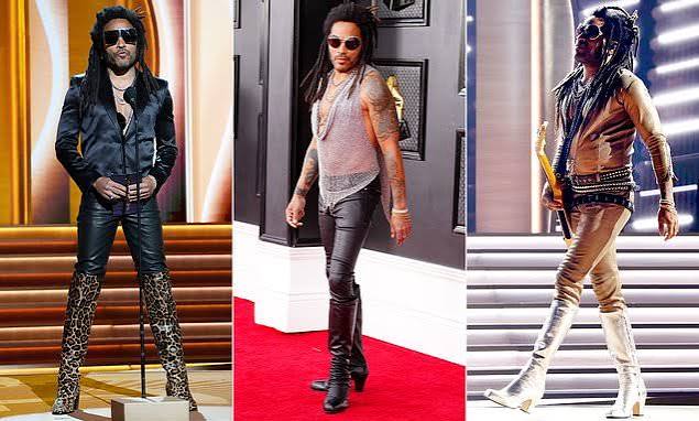 Lenny Kravitz wearing leopard, black and white high-heel boots