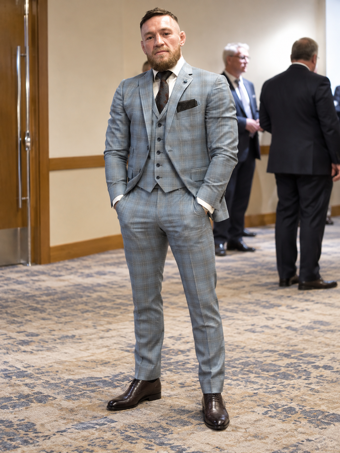 AI-extended full-body illustration of Conor McGregor in a grey three-piece suit